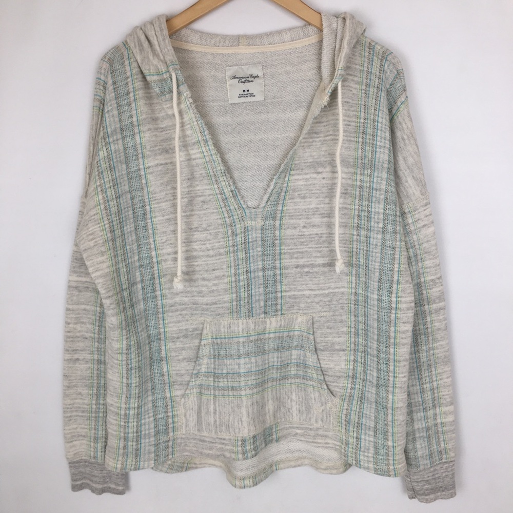 American Eagle Outfitters Y2K Knitted Hoodie Sweater Gray Green Strip Women’s M